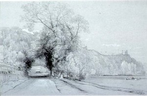 Estrada, bordando, prados, e, um, castelo